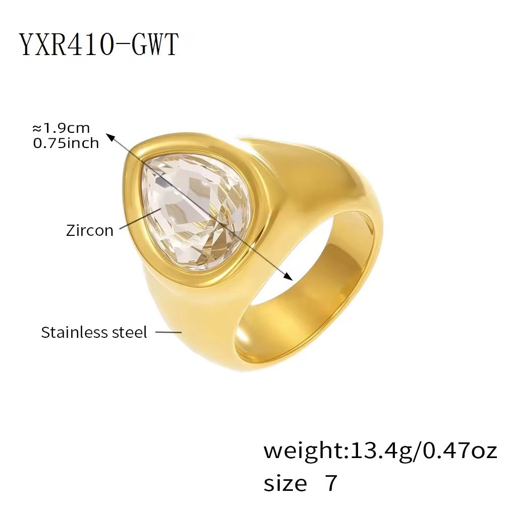 Tear Shaped Ring: White Crystal (Gold & Silver)