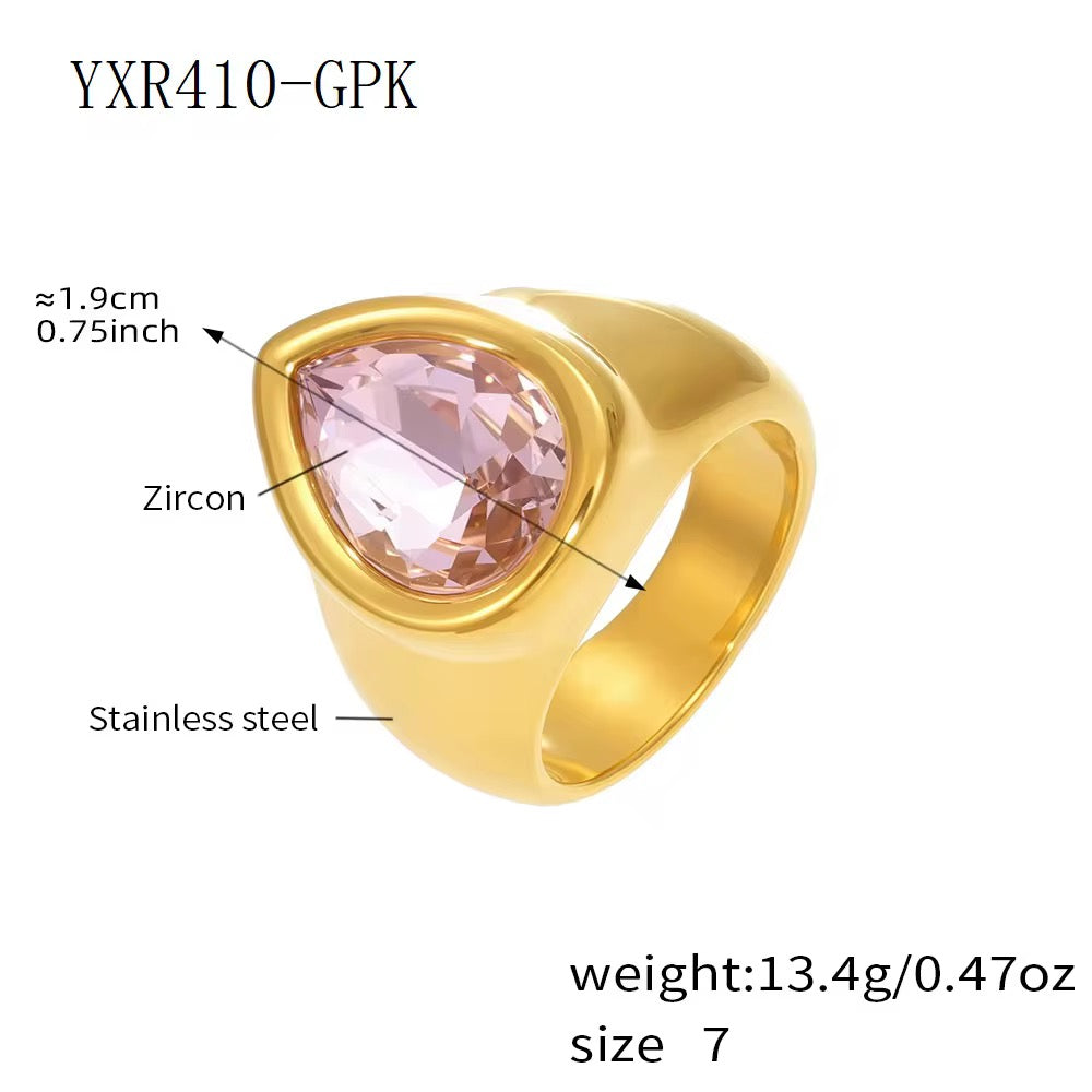 Tear Shaped Ring: Pink Crystal (Gold & Silver)
