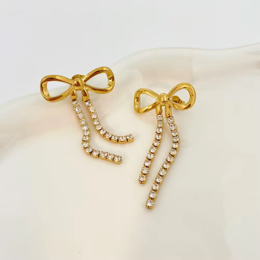 Dainty Bow Drop Earrings - 18k Gold Platted