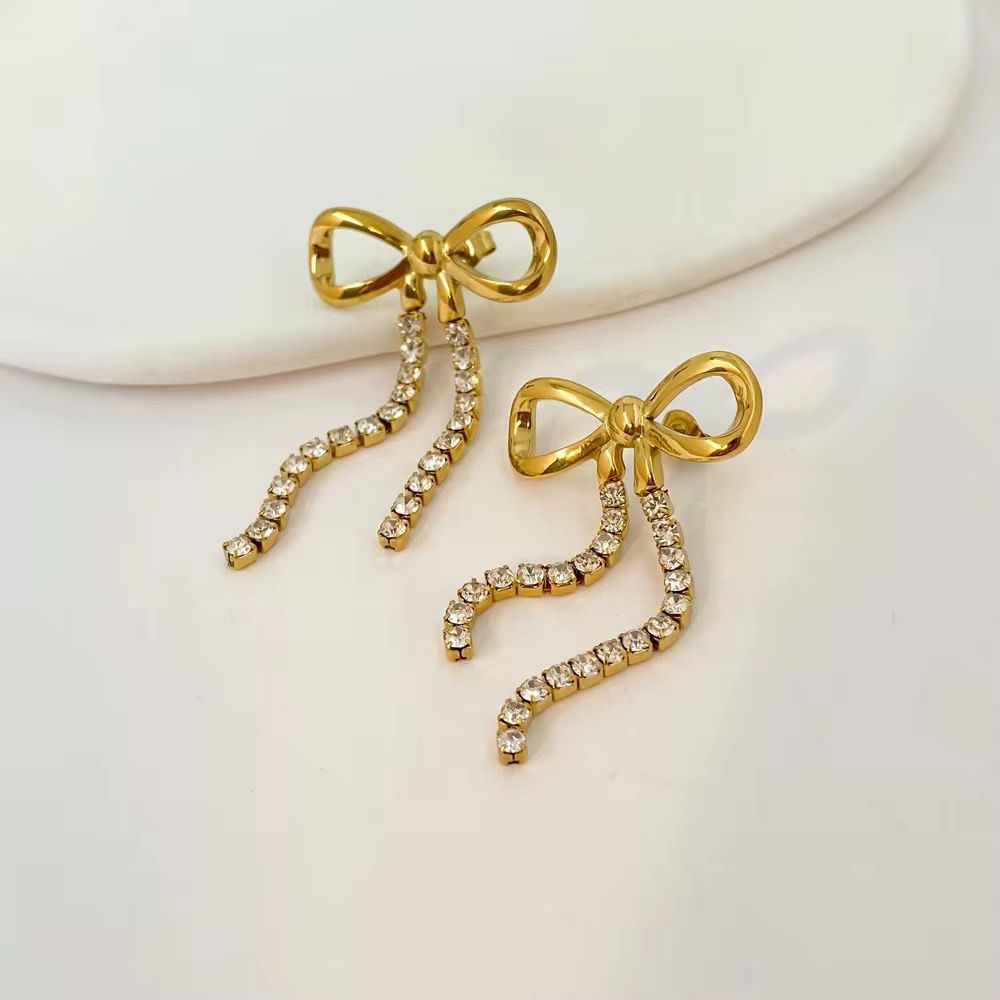 Dainty Bow Drop Earrings - 18k Gold Platted