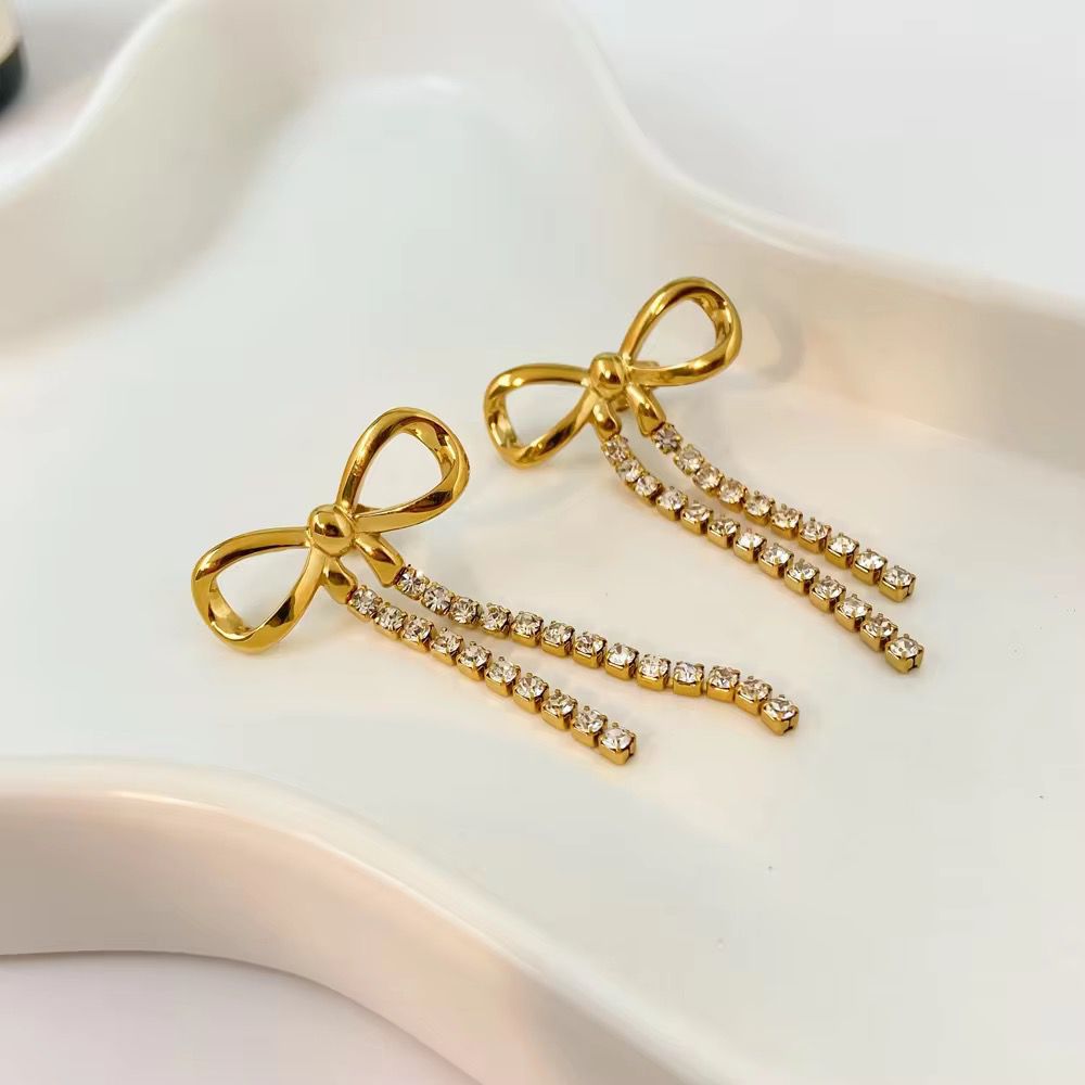 Dainty Bow Drop Earrings - 18k Gold Platted